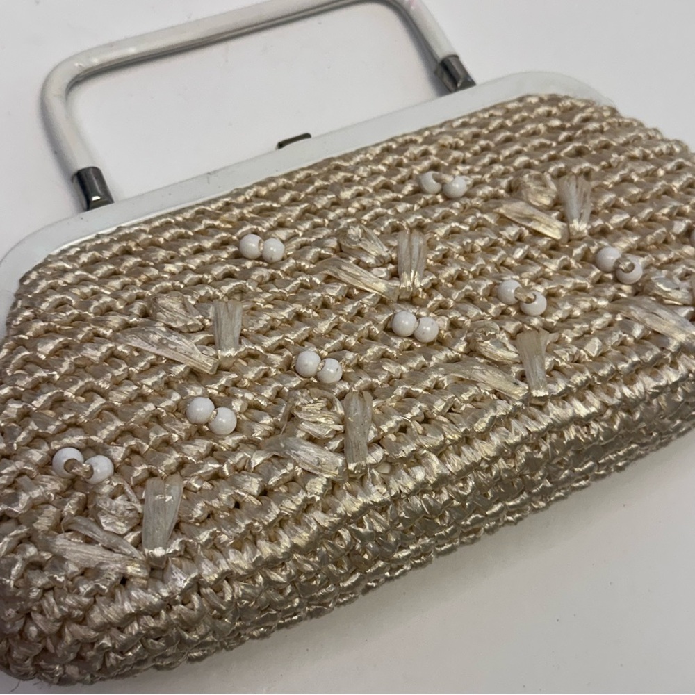 Vintage Rattan Straw Woven Purse Tan White Beaded - Picture 6 of 10